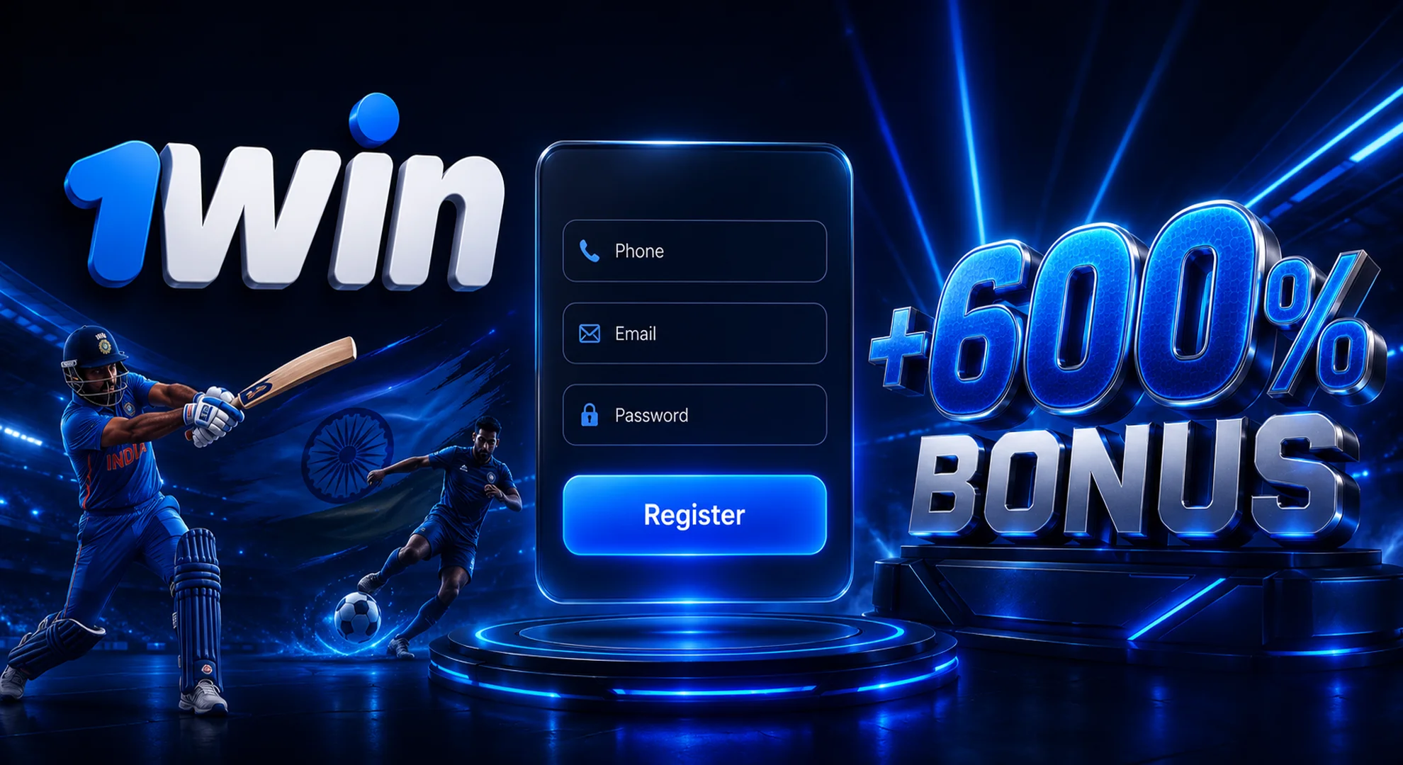 1win India registration page with 600 percent welcome bonus sign up form 2026